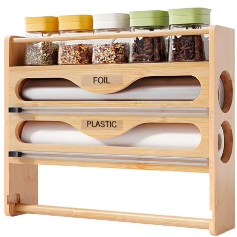 Folienspender mit Cutter & Küchenrollenhalter Ohne Bohren & Gewürzregal, Alufolienspender und Frischhalte Bambus, Folienschneider Frischhaltefolie, Frischhaltefolienspender Kompatibel 12 (Holz)