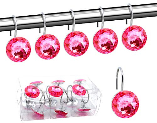 BEAVO Acrylic Fashion Decorative Home Rolling Shower Curtain Hooks Rhinestones Bathroom Bath Baby Room Bedroom Living Room Decor Set of 12 Rings (Pink)