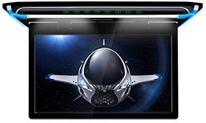 XTRONS 15.6 Inch Ultra-thin Car Ceiling Roof Mounted TFT 180° Max Open Angle 1080P Video Car Overhead Player Roof Mounted Monitor with HDMI/USB/SD Door Control Colourful Aura Lights
