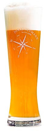 AMAVEL Vaso de Cerveza de Trigo con Grabado de Brújula Personalizado con Nombre y Fecha Capacidad 0,5 l