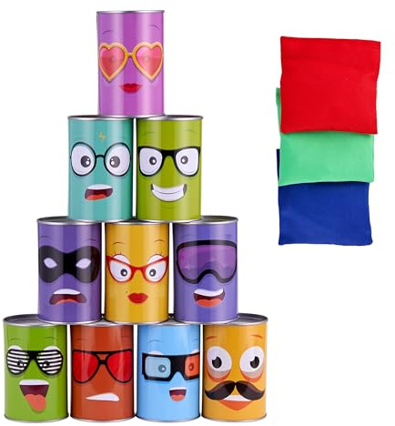 THE TWIDDLERS Gioco Festa Tiro Barattolo - 10 Pezzi Emoji Tin Can Alley e 3 Pezzi Beanbags
