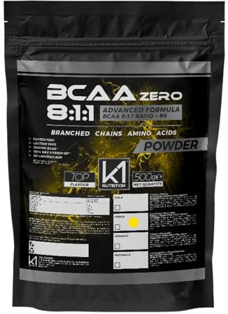 K1 NUTRITION - BCAA 8:1:1 Aminoacidi Ramificati in Polvere - Pre Workout Palestra - Integratori Alimentari con Vitamina B6 - Senza Glutine e Senza Lattosio - Gusto Thé alla Pesca - 500 gr