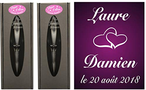 Gravure Events 2 Flûtes à Champagne Gravées Modèle Cœurs avec 2 Boîtes Cadeaux - Cadeau de Mariage pour Les Mariés : repas, Invité au vin d'honneur, Anniversaire - Verre capacité 17cl