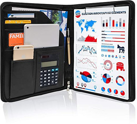 GraduatePro Klemmbrettmappe A4 mit Deckel Reißverschluss Leder Organizer Mappe Dokumentenmappe Ordner Clipboard Outdoor Schwarz