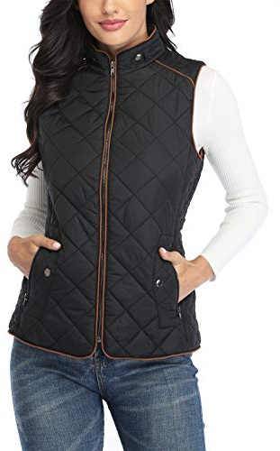 Dilgul Women's Quilted Vest Stand Collar Trendy Lightweight Zip Padded Vest with Pockets Black XL