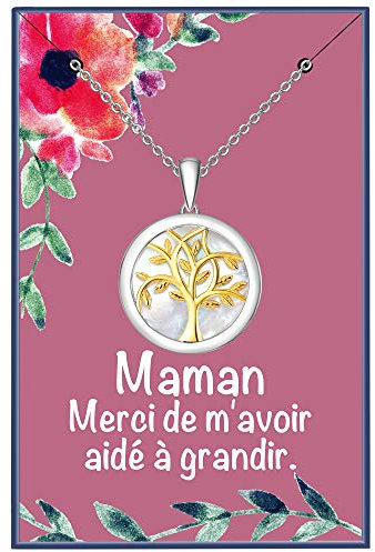 ENGSWA Collier Femme Argent 925 Pendentif Arbre de Vie Famille Cercle et Nacre Cadeau Mère Maman