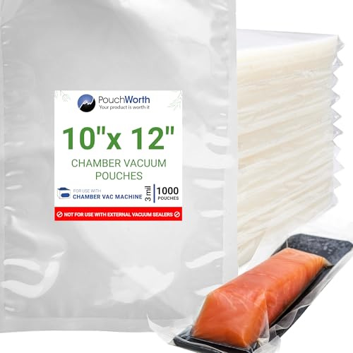 PouchWorth 1,000 Pack Clear 10 x 12, 3 mil Chamber Machine Pouches, Pre-Cut Chamber Vacuum Sealer Bags, Heavy Duty Seal Pouch, BPA-Free Chamber Sealer Bags with Tear Notch
