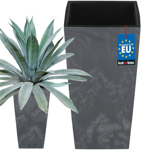 KOTARBAU® Macetero cuadrado con maceta interior, 24x45 cm, Efecto hormigón, Macetero gris, inserto extraíble, plástico, tiento decorativo, alto para interior y exterior