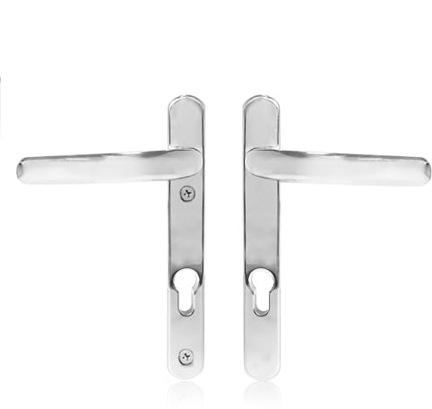 Uros Polished Chrome Door Handle (PZ 92mm, 122mm Screw Hole Distance, 219mm Overall) Stainless Steel Short Backplate, UPVC Front Door Handle