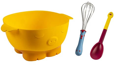 KUHN RIKON Kinderkitchen Mix Set 3 Stk, Rührschüssel, Schwingbesen, Rührlöffel, für Kinder, mit Tier-Motiven, Gelb, Rot und Blau