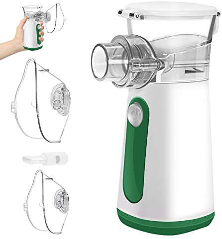 Inhalationsgerät Tragbar,Inhalator Vernebler Geräuscharmes Mesh Nebulizer Inhaliergerät Set mit Mundstück und Maske für Kinder Baby und Erwachsene bei Erkältungen Atemwegserkrankungen (Grün)