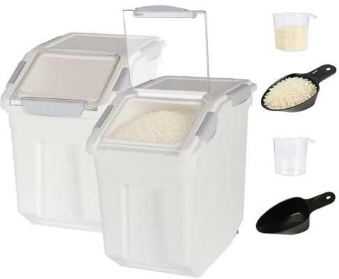 Toolzia 2 Pcs Rice Dispenser 10kg, Airtight Rice Storage Container Dry Food Dispenser Large Sealed Grain Container (Grey)