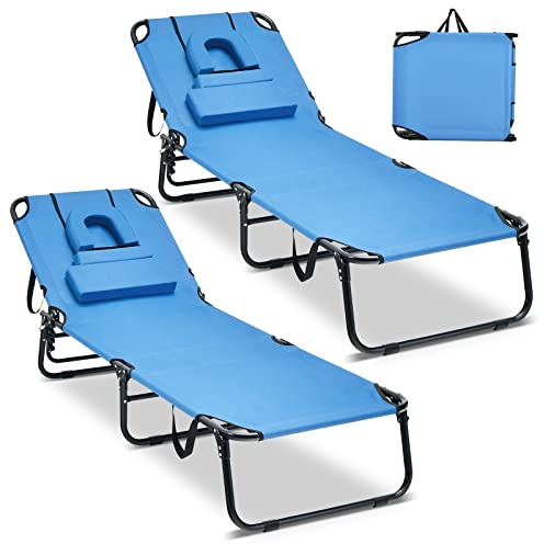 COSTWAY 2er Set Sonnenliege mit Gesichtsöffnung, klappbare Gartenliege mit 3 abnehmbaren Kissen und 5-Fach Verstellbarer Rückenlehne, Strandliege Liegestuhl für Garten und Poolbereich (Blau)