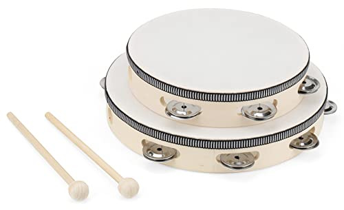 MANCHAP 2 Pack 2 Sizes Wooden Tambourine, 8 Inch & 10 Inch Handheld Tambourine, Wooden Hand Drum with Jingle Bells, Percussion Musical Instrument for Rhythm Learning, Performance