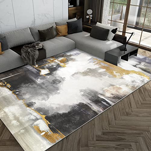 KeletiRug Alfombra Rectángulo, Suave, Grande, Antideslizante, Lavable, Adecuado para para habitación de los niños, salón Aguada y Tinta Abstracta Negra, Gris y Dorada, 160 x 200 cm