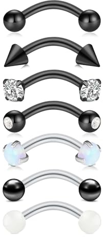 Briana Williams 7 Stück Augenbrauen-Kurven-Bar Bauchnabel Tragus Ohren Edelstahl Schwarz Silber 16G 8mm Piercingschmuck