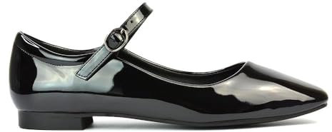 ESSEX GLAM Womens Mary Jane Ballet Shoes Ladies Flats Buckle Strap Square Toe Black Patent Dolly Pumps Size 3