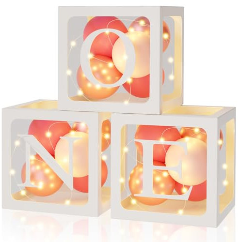 1st Birthday Decorations Boxes for Girls, 3Pcs Light Strings and 3Pcs One Balloons Boxes with 30Pcs Pink Rose Gold Balloons, One Boxes for 1st Birthday Party Decorations, One Year Old Party Supplies