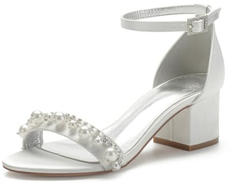 EXECAB Damen Hochzeit Schuhe Sandalen Sommer Offener Zeh Blockabsatz Schuhe Brautschuhe,Elfenbein,40 EU (white, Erwachsene, Damen, 39, Numerisch, EU Schuhgrößensystem, M)