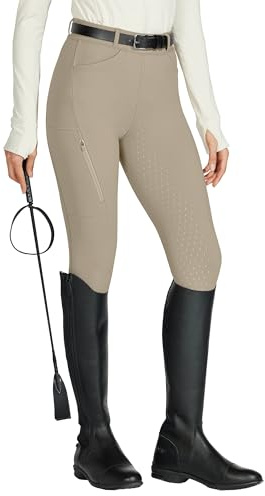 WILLIT Ridbyxor för kvinnor, ridbyxor i silikon, hög midja, stretch, med ficka med dragkedja och bältesöglor, kaki, XXL