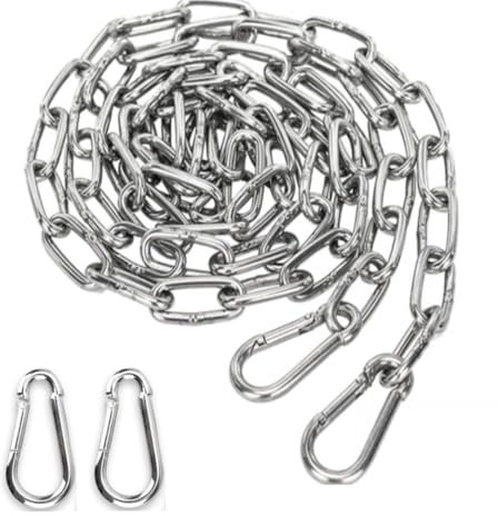 FTXanty Catena in Acciaio Inox 3mm 1,5m Catenella in Acciaio + 2 Pezzi di Estensione Moschettone Catena per Ancoraggio Amaca - Carico 90kg