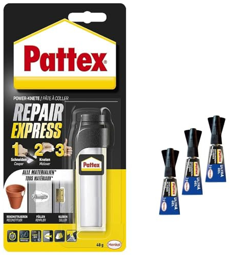 Henkel Powerknete Repair Express 1 x 48 g di Stucco incollare e Riparare e 3 x 1 g di supercolla Pattex Ultra Gel, Adesivo in Resina epossidica, verniciabile e carteggiabile, Multicolore, 9H PRE7NX