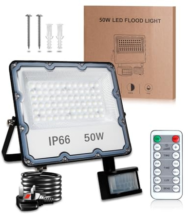 TobeBright Security Lights Outdoor Motion Sensor 50W, 5000LM 6500K PIR Sensor Security Light with Remote Control, LED Outdoor Floodlight Mains Powered with UK Plug 2M Wire for Garden, Backyard