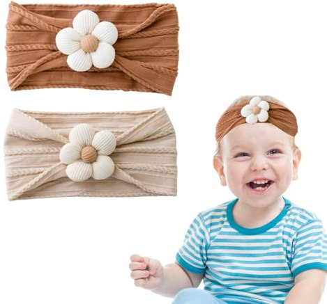 Landrain 2 Stück Neugeborene Flowe Baby Stirnband Mädchen 6-12 Monate, Elastische Baby Haarband 0-6 Monate