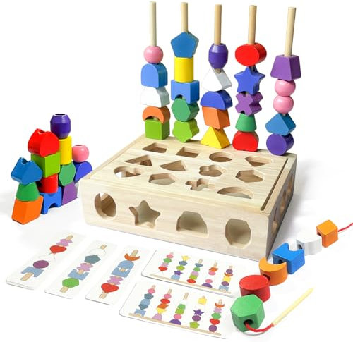 Goujfol Steckspiel Holz, Montessori Spielzeug Sortierspiel für Kinder, Holz Stapelspiel Feinmotorik Motorikspielzeug Fädelspiel Sortier & Stapelspielzeug Geschenk für Mädchen Junge 3 4 5 Jahre