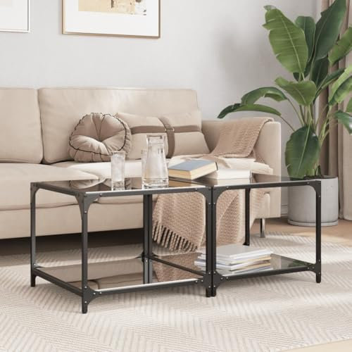 Baziroo Lot de 2 tables basses avec plateau en verre - 50 x 50 x 40 cm - Pour salle d'attente - Meuble de salon - Table de téléphone - Table basse - Matériaux du bois et acier et verre transparent