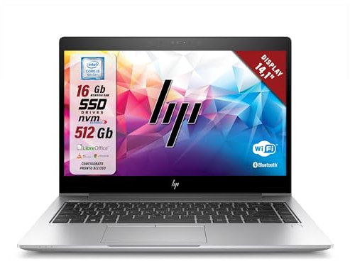 HP Elitebook, Intel i5-8Th 4 Core 1.7Ghz, Display 14,1, Ram 16Gb, SSD 512Gb, Pc Portatile Notebook Pronto all'uso, W11, Pacchetto Libre (Ricondizionato)