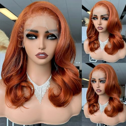 13 x 6 Lace Front Perücke, Farbe Ingwer, Body Wave Perücken aus synthetischer Spitze für Frauen, flauschig, ohne Teil, Lace 45 cm, orange, flauschig, transparente Spitze, kontless ready to go