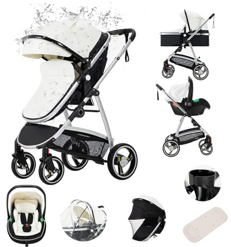 Kakbgee Leder 3-in-1 Kinderwagen, Kombi-Kinderwagen mit ECE R129 Babyschale, Buggy mit Einhand-Klappfunktion, Aluminium-Rahmen, Moskitonetz, Hochliegende Tragetasche für Neugeborene 0-4 Jahre