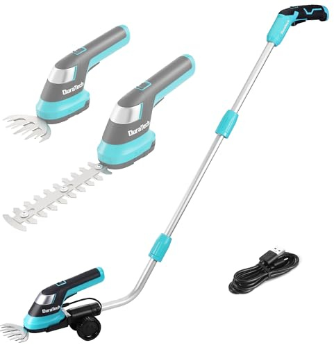 DURATECH Cordless Hedge Trimmer, 7.2V 3-in-1 Handheld Electric Grass Trimmer & Hedge Shears with 50 Wheeled Extension Pole, USB Type-C Cable and Built-in Li-ion Battery, for Garden, Yard and Lawn