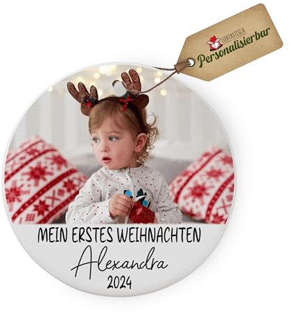 Keramik-Weihnachtsornamente – Weihnachtsbaum-Deko für Ihren Weihnachtsbaum – Personalisierte Weihnachtsanhänger – Weihnachtsbaumschmuck mit Foto - Mein erstes Weihnachten (Rund)