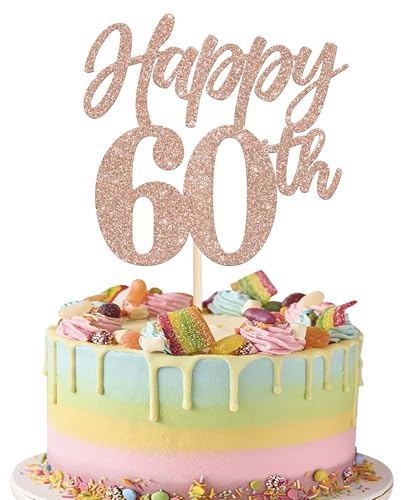 Xsstarmi 1 Pack Happy 60th Birthday Cake Topper Glitter Rose Gold Hello 60 Fabulous Birthday Cake Pick Decoration for Cheers to 60 Happy 60th Birthday Anniversary Party Cake Decorations