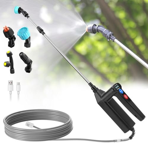 SYLSTAR Battery Powered Sprayer 8M Hose, 26.2inch Electric Weed Sprayer Wand, 3 Adjustable Spraying Force & Battery Indicator, 4 Nozzles, 7.4V Rechargeable Garden Lawn Plant Spray Handle