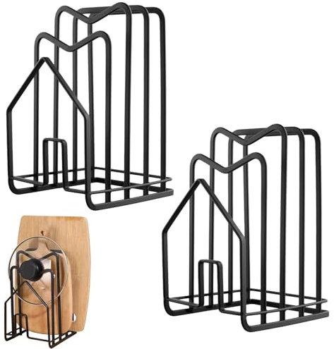 HEIYUET 2 Stück Schwarz Schneidebrett Halter Metall, 12x14,5x21,5cm Schneidebrett Halterung, Schneidebrett Ständer Organizer, Schneidebrett Rack, Topfdeckelhalter Küche Brettchenhalter