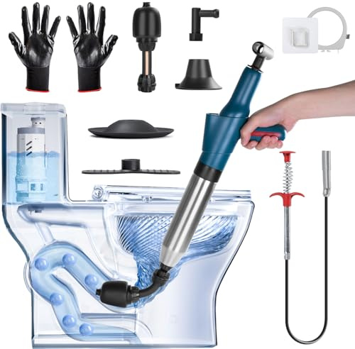 Limpiador de tuberías de aire comprimido, bomba con indicador de presión de aire, bomba de limpieza de tuberías con 4 ventosas, guantes y agarrador de garras, limpiador de desagüe, para inodoro, baño