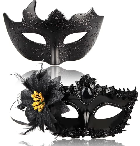 Powmag 2 Stück Maskenball Maske Schwarz, Venezianische Maske Damen Herren, Masquerade Maske Venezianisch, Schwarze Masken Kostüm für Karneval Fasching Cosplay Party