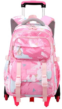 Voici et Voila Rucksack Roller Madchen Trolley Rucksack Kinder Schulrucksack Schulranzen mit Rollen Teens Schultasche Rollen Mädchen Rosa 34x20x47cm