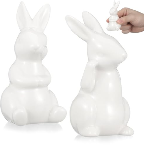 Cabilock 2er Ostern Deko, Keramik Weiß Hasen Klein Figur Ornamente, Osterdekoration für Tisch Fensterbank Geschenk, Kaninchen Frühling Osterdeko, 9.5x4.8cm