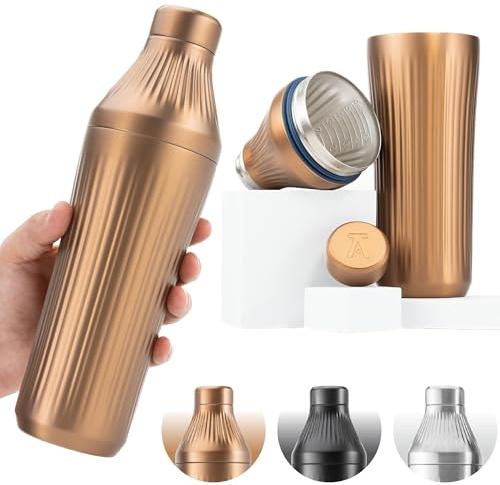Elevated Craft Diamond Edition Hybrid Cocktail Shaker Set - Premium Vacuum Insulated Brushed Copper, 28 oz, Includes Built-in Strainer, Precise Measuring Top & XL Polishing Cloth - Martini Shaker
