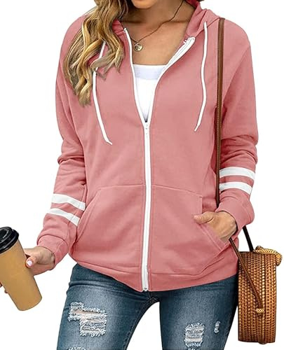 Jhsnjnr Sweatjacka dam med huva långärmad dragkedja huvtröja huvjacka dragkedja fleecejacka sport sweatshirt joggingjakka, ROSA, XXL