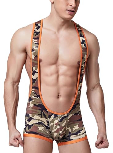 YEMYIQZ Mens Bodysuit Leotard Wrestling Singlet Jumpsuit Underwear Base Layers One-Piece Bodysuit Pouch Boxer Briefs Lingerie (Green Camouflage, One Size)