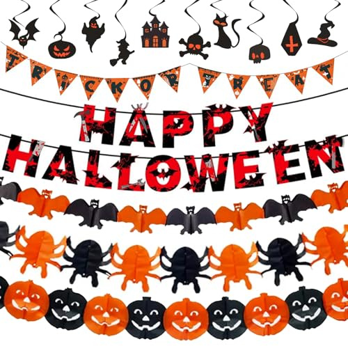Halloween Deko Innen Set Wiederverwendbarer Halloweenparty Deko Indoor | Happy Halloween Dekoration Girlande mit Fledermaus, Spinne, Kürbisse, Happy Halloween Banner & Hängedeko für Indoor Outdoor
