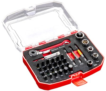 Geinxurn 34 Pieces Bit Set with Matching Storage Box, Include 25mm 50mm S2 Steel Magnetic Screwdriver Bits (Phillips/Pozidriv/Torx/Hex), Mini Ratchet Wrench, Socket, Bit Holder and Adapter