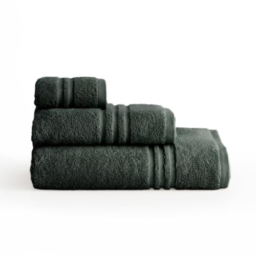 BOHEME Juego de 3 Toallas Premium Verde Oscuro con Toalla de Baño Grande | Incluye 1(30x50 cm), 1(50x100 cm) y 1(100x150 cm). 100% algodón 700 g/m². Suaves y absorbentes.