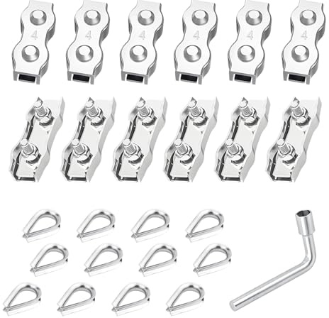 25 Stück Drahtseilklemme, M4 Seilklemme 304 Edelstahl Duplex Klemme Seilverbinder Seilklemmen mit Drahtseil Kauschen L-förmiger Steckschlüssel für Wäscheleine 3mm Stahlseil Seil