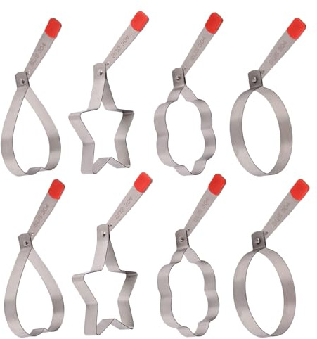 LIFKICH Stampi per Uova Fritte in Acciaio Resistente 8 Pezzi Anelli per Pancake da Friggere Multifunzione con Manico Set Stampi Creativi per Colazione Pranzo e Cena